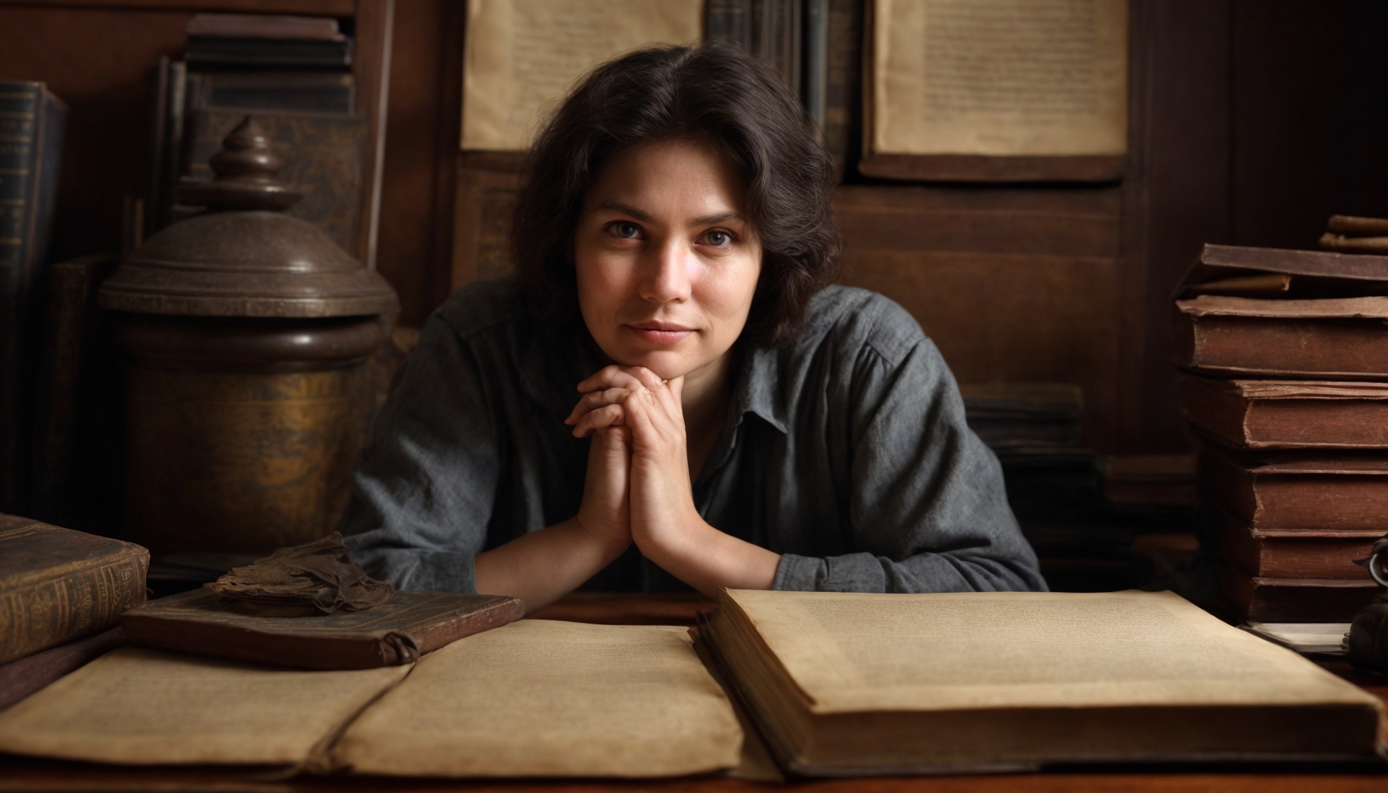 Researcher examining ancient manuscripts behind antique desk