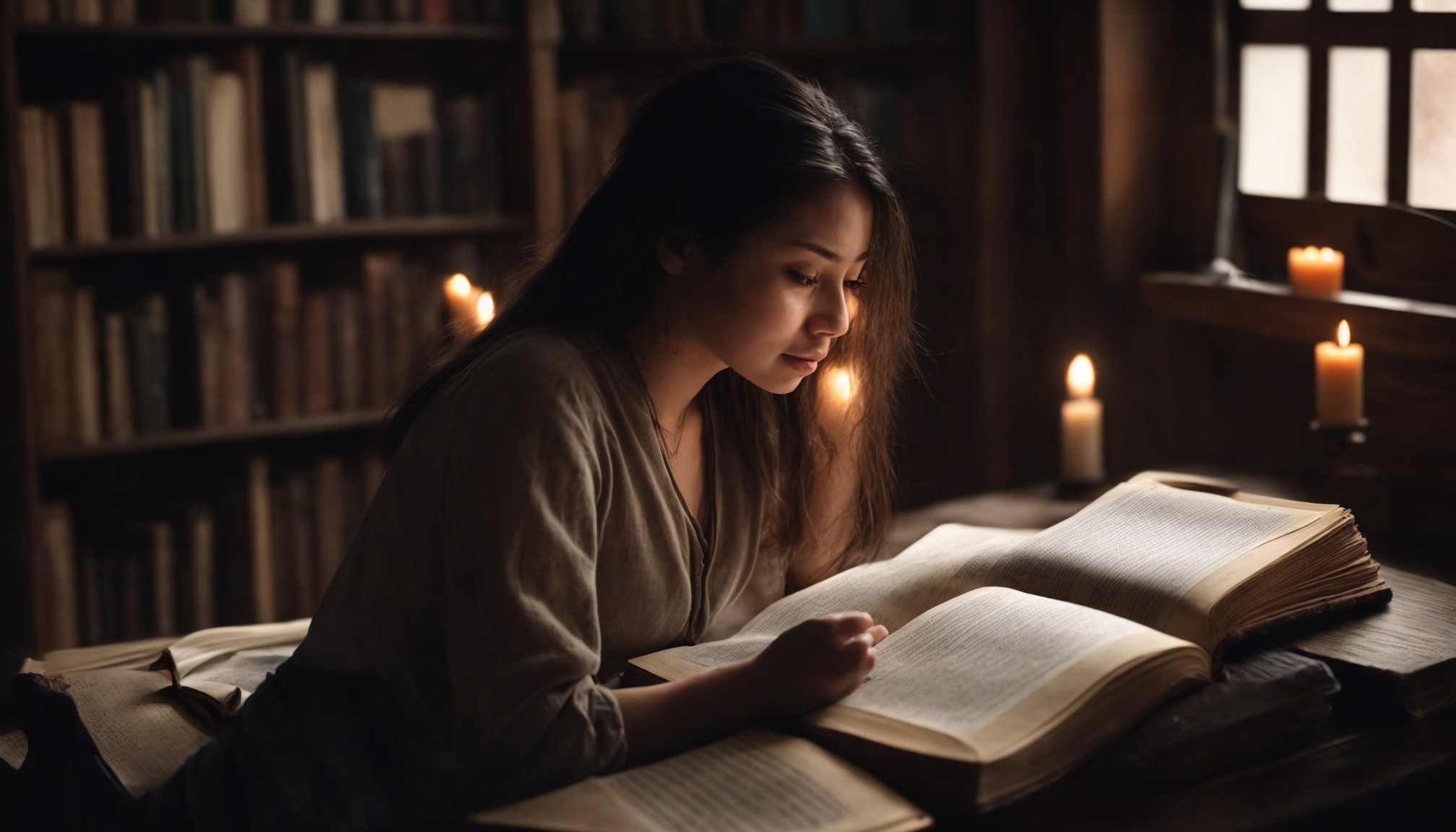 Woman examining urban legend folklore books and handwritten notes by candlelight in a moody library setting