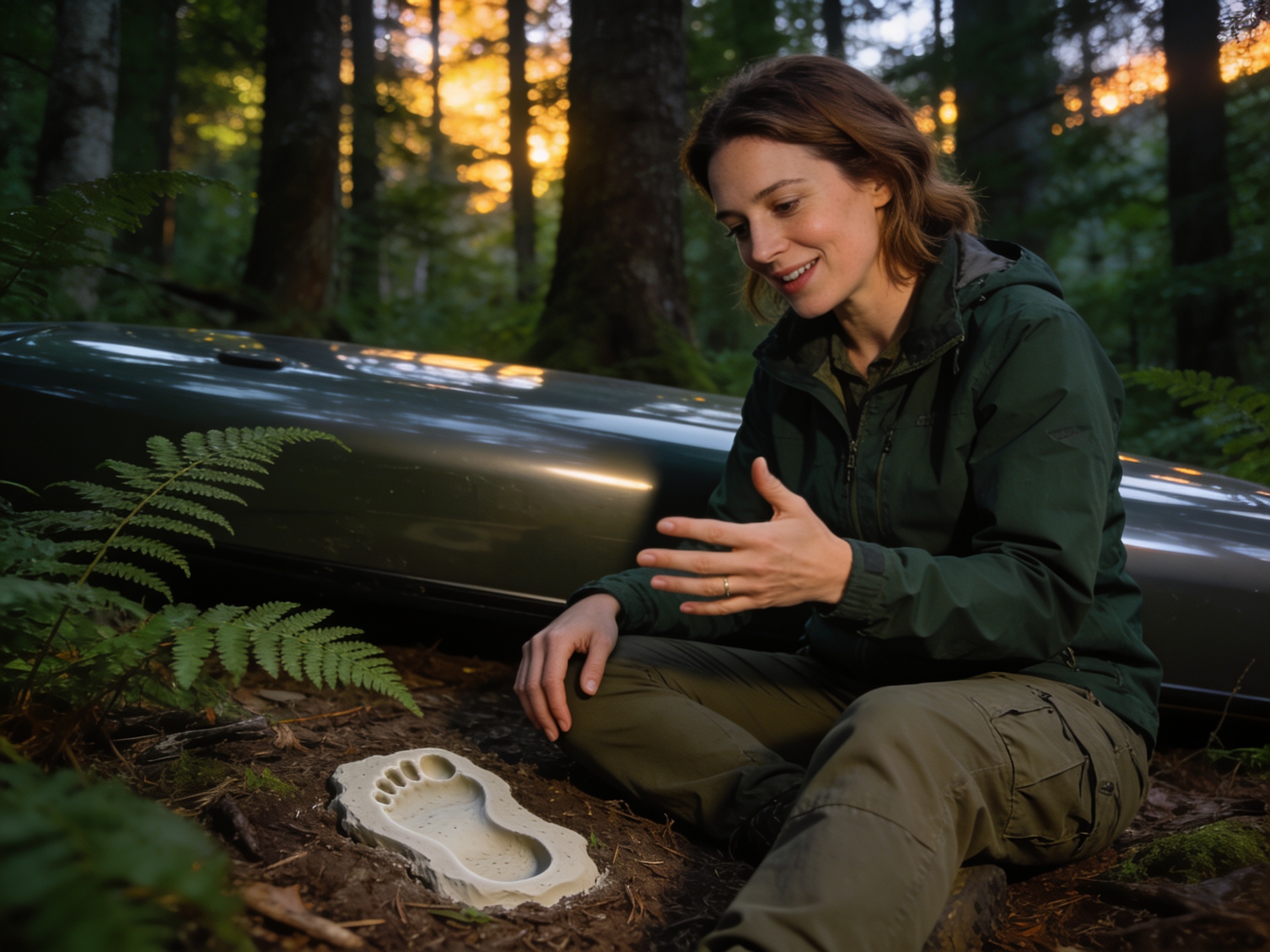 Woman examining footprint cast in forest investigating famous cryptid urban legends